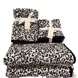 Rachel Zoe 8 p CHEETAH LEOPARD BATH HAND TOWELS & WASHCLOTH animal Blk Cream NEW